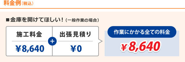 料金例（税込）：金庫を開けてほしい！（一般作業の場合）：施工料金\8,640＋出張見積り\0=作業にかかる全ての料金\8,640